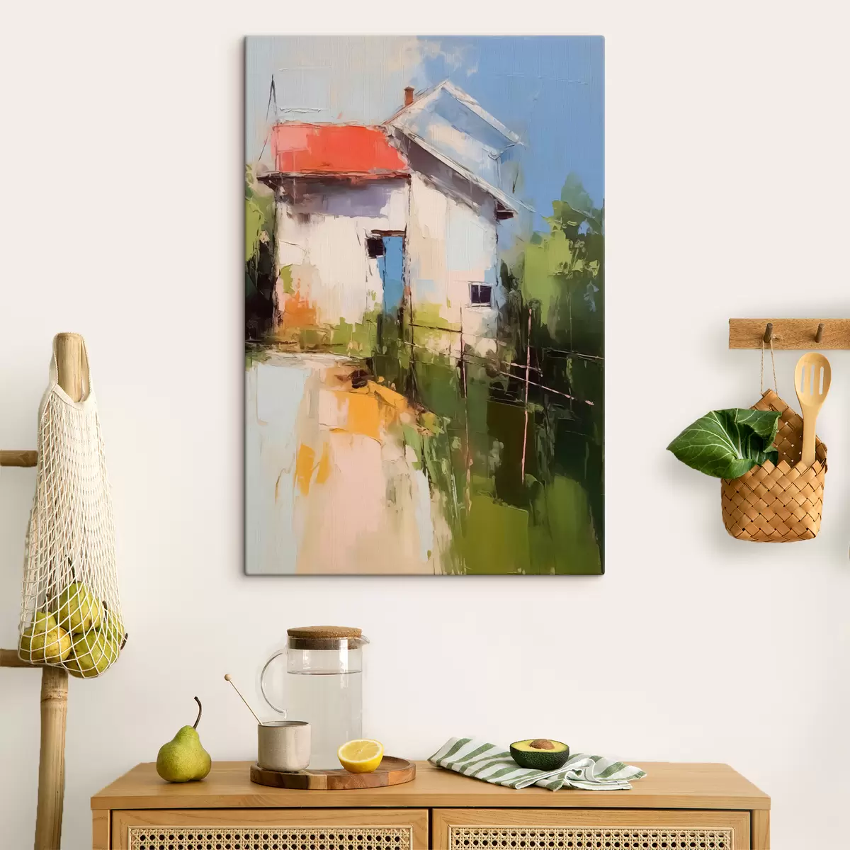  Peintures Paysage abstrait maison au bord du jardin, couleur rouge, bleu, vert, jaune s40689