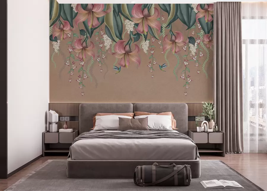 Papier peint photo Motif botanique délicat avec des lys suspendus, des fleurs et des colibris sur un mur grunge w01523