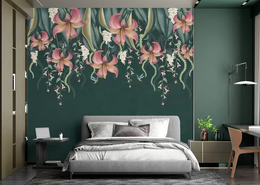 Papier peint photo Délicat motif botanique avec des lys suspendus, des fleurs et des colibris sur un mur vert grunge w01523v3