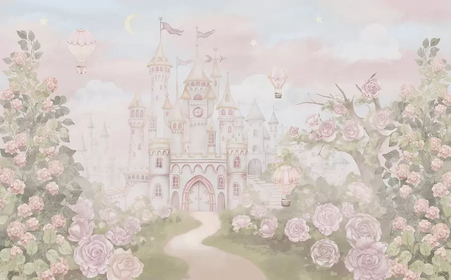 Fotobehang Magisch kasteel met grote bloemen en bomen w01524