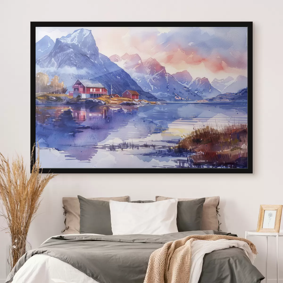 Poster Noorwegen dorp, zonsondergang lucht, kalme rivier, bergen, aquarel f40311