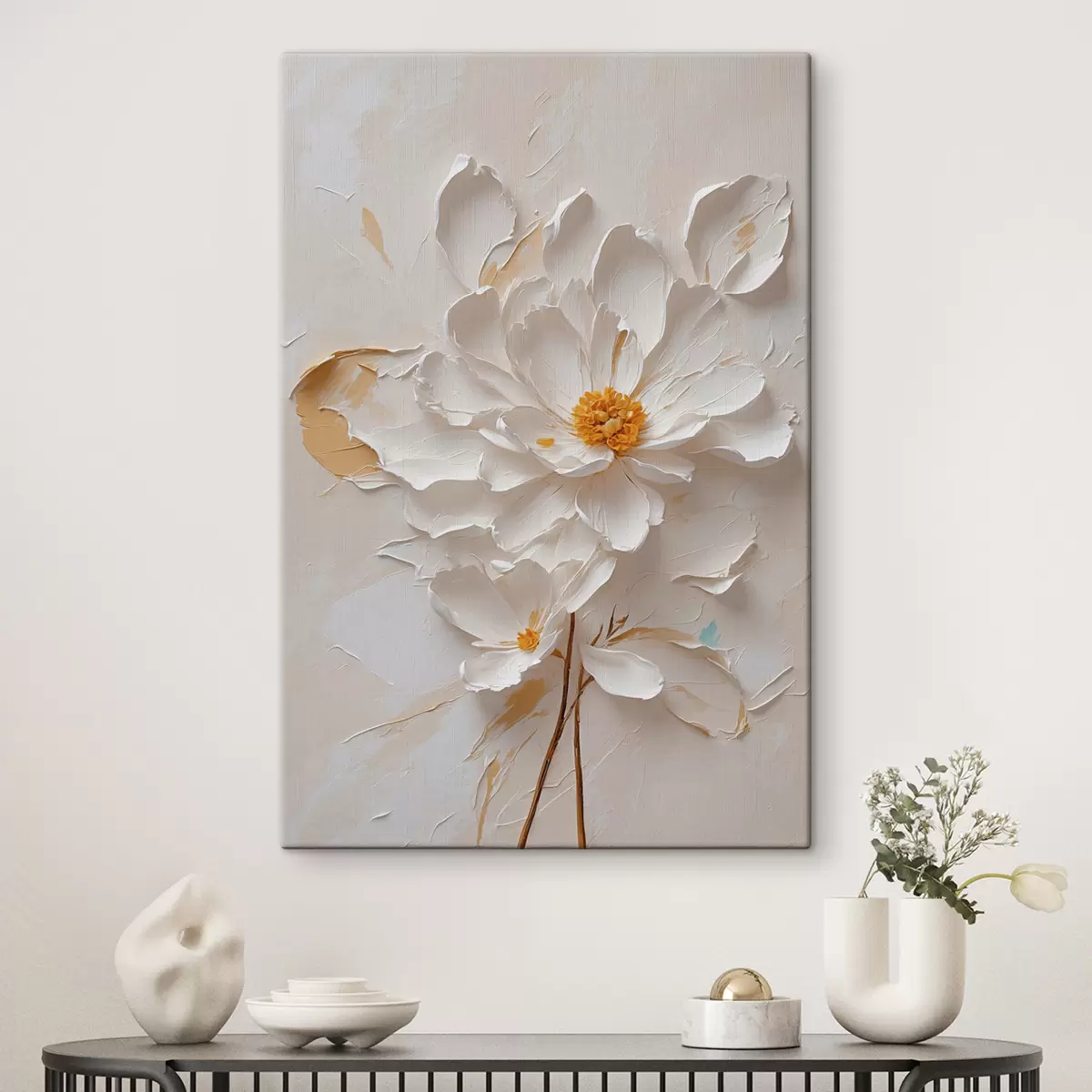  Peintures Fleur blanche dans l'huile avec tige brune s40619