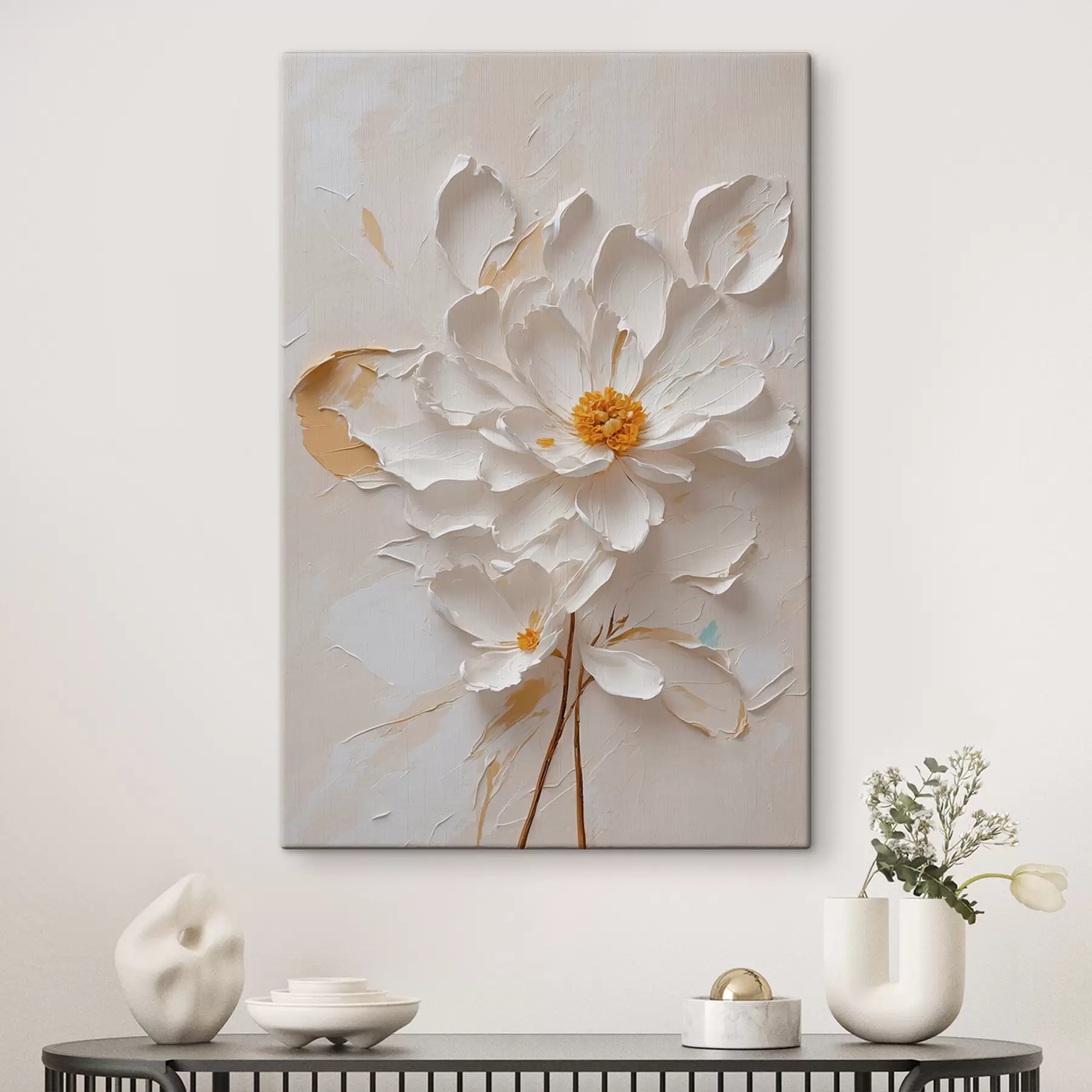  Peintures Fleur blanche dans l'huile avec tige brune s40619