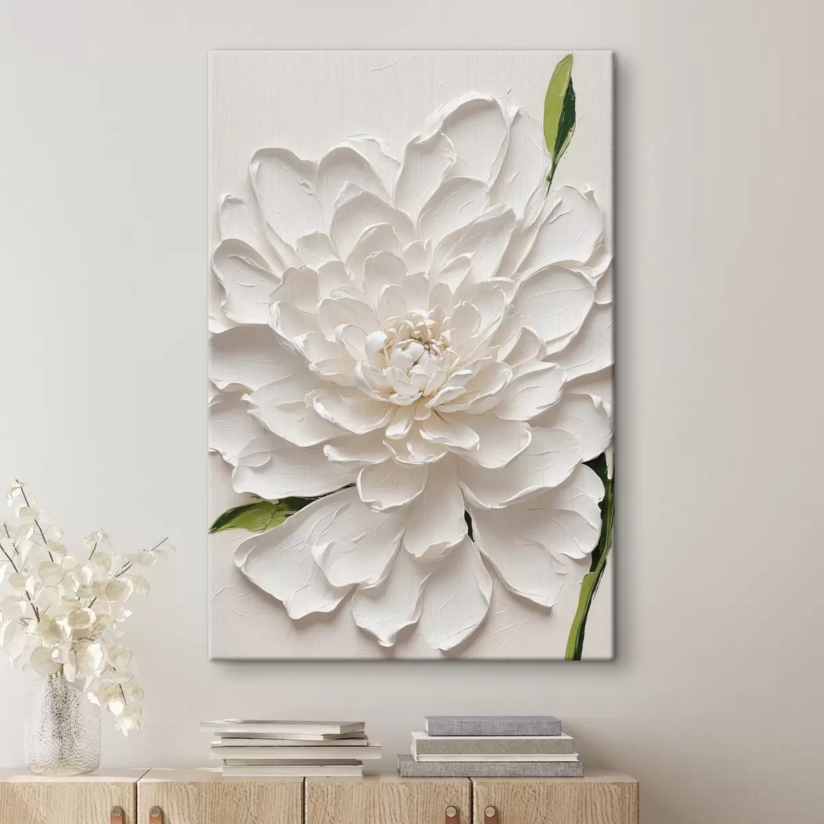  Peintures Fleur blanche à l'huile avec tige verte s40620