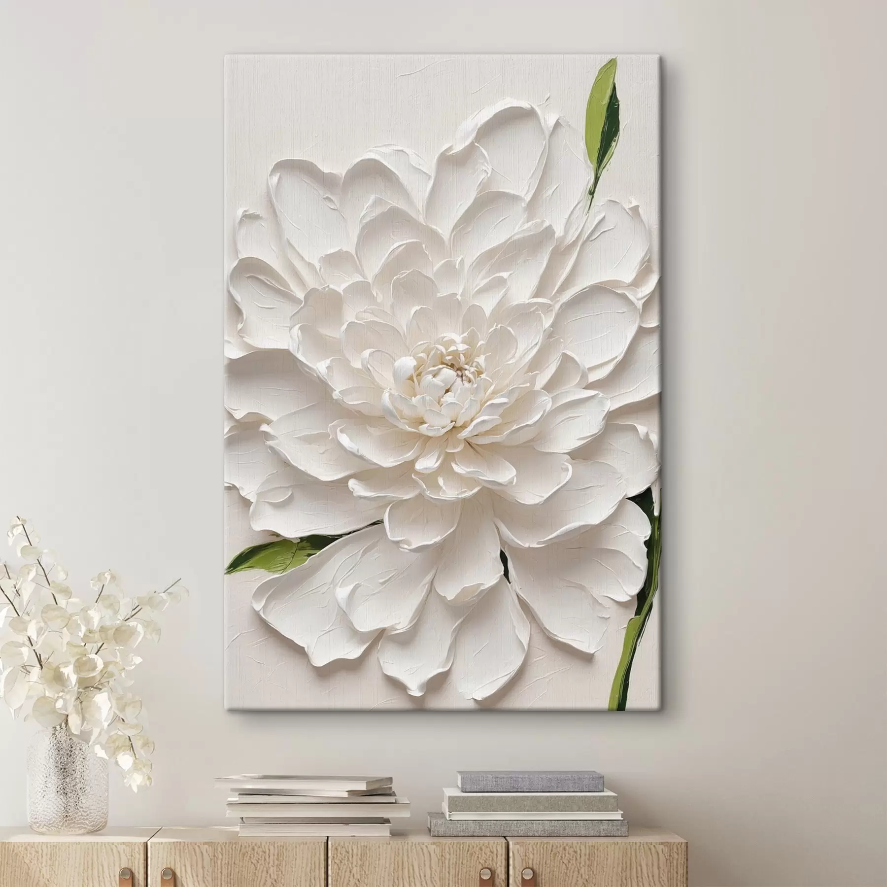 Fotobehang Witte bloem in olie met groene steel s40620