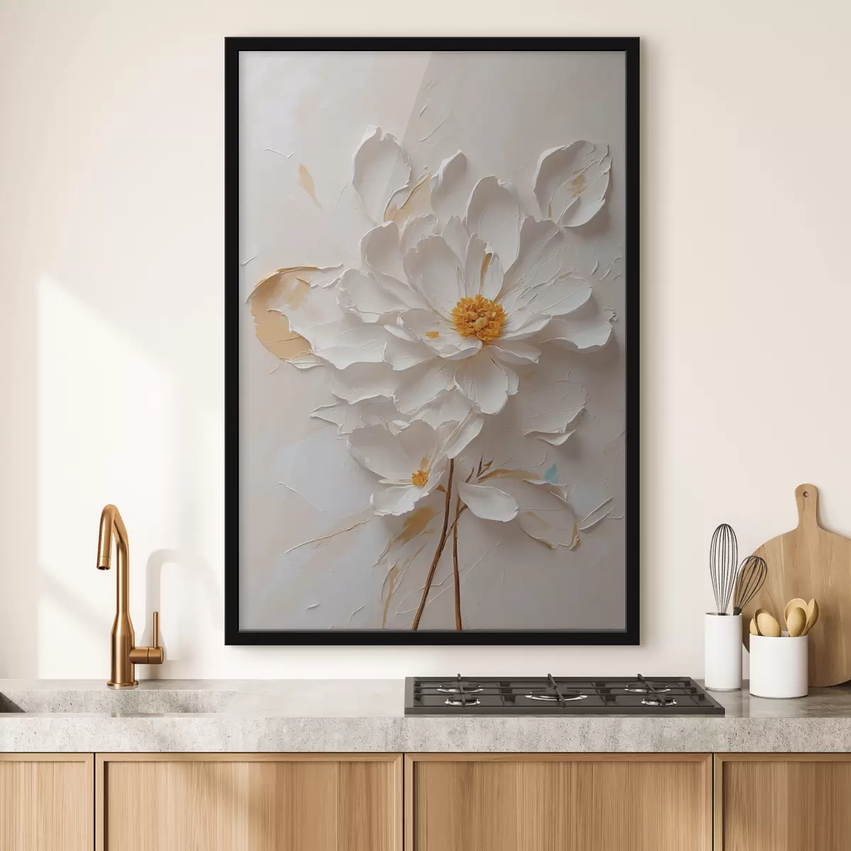 Affiche Fleur blanche dans l'huile avec tige brune f40619