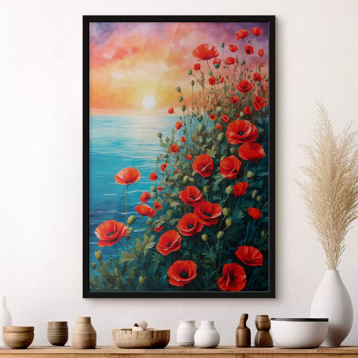Affiche Coquelicots en fleurs sur fond de mer f40637