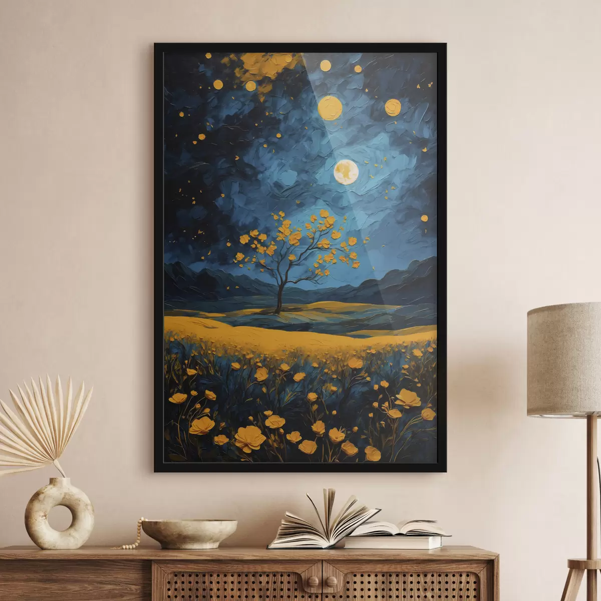 Poster Veld met gele bloemen bij nacht f40643