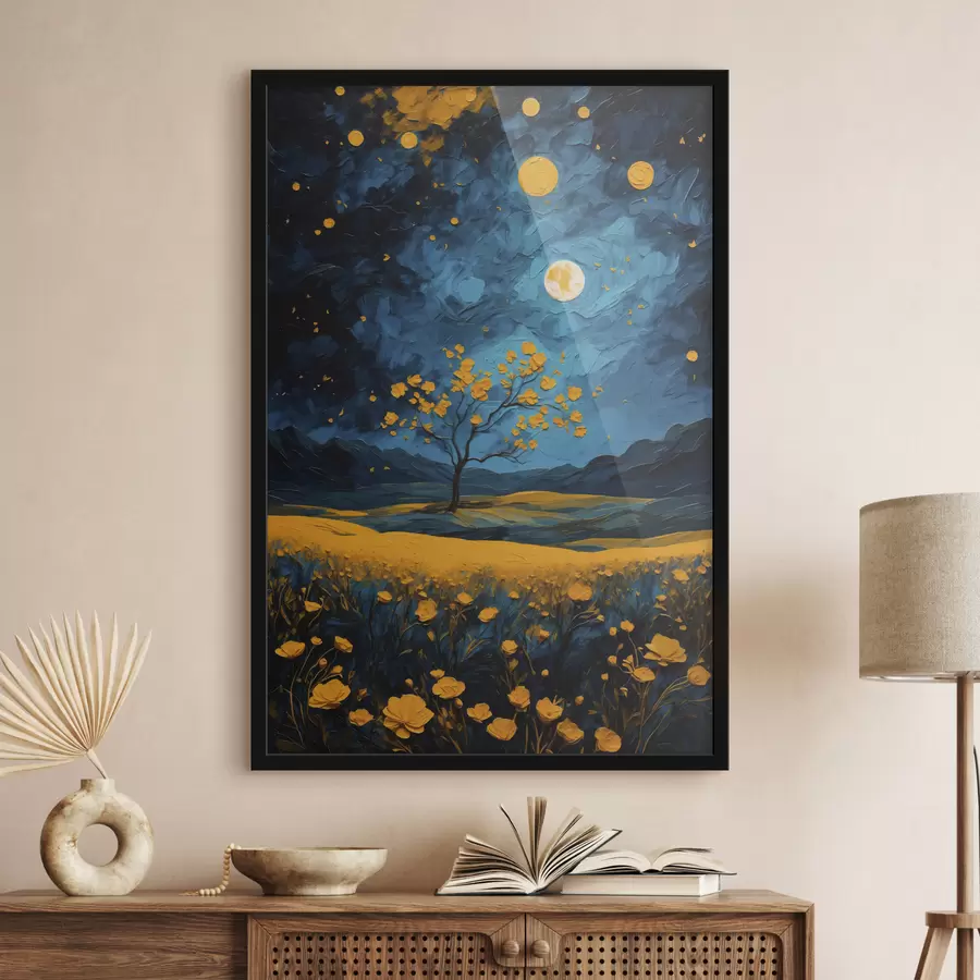 Fotobehang Veld met gele bloemen bij nacht f40643