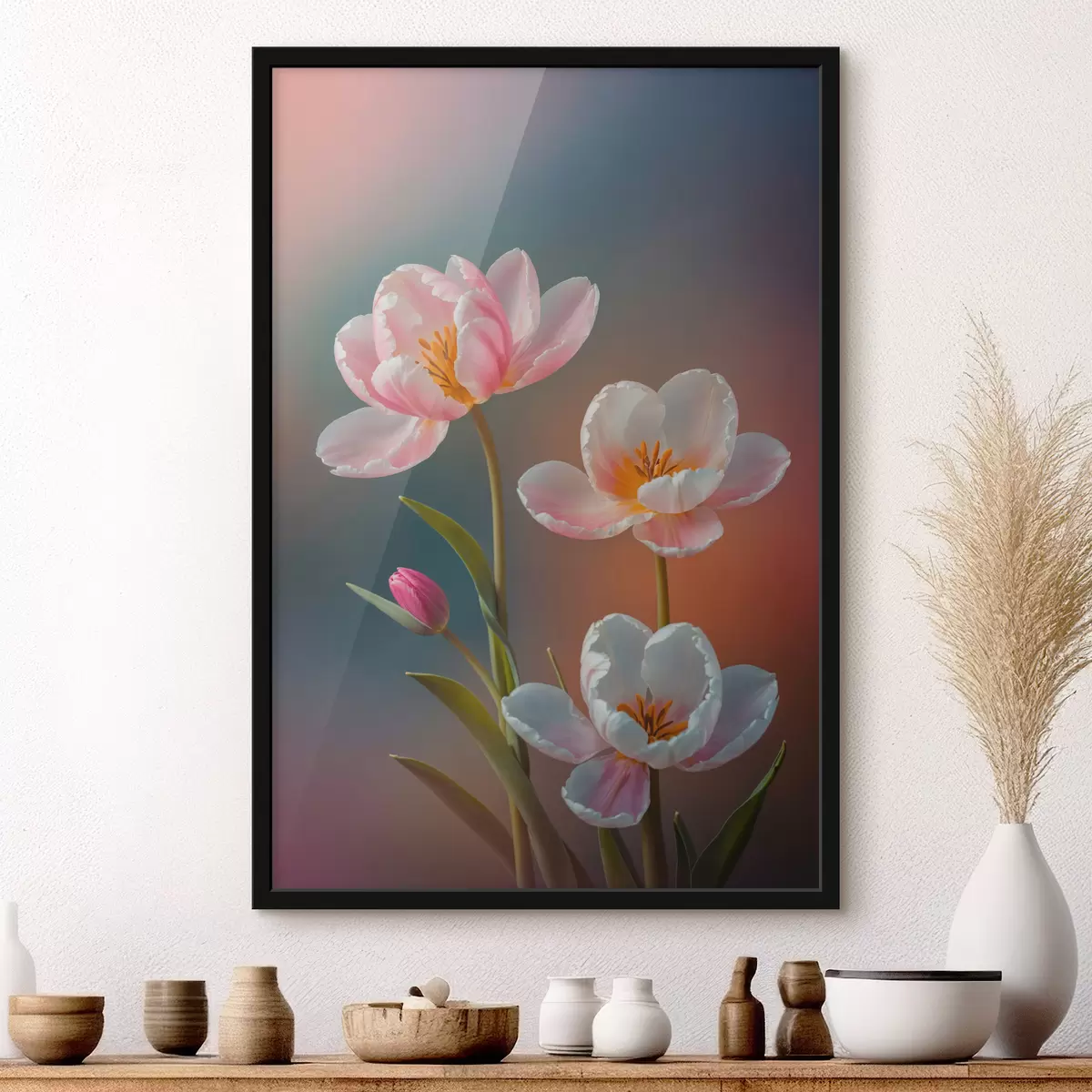 Poster Roze bloemen op wazige achtergrond f40644