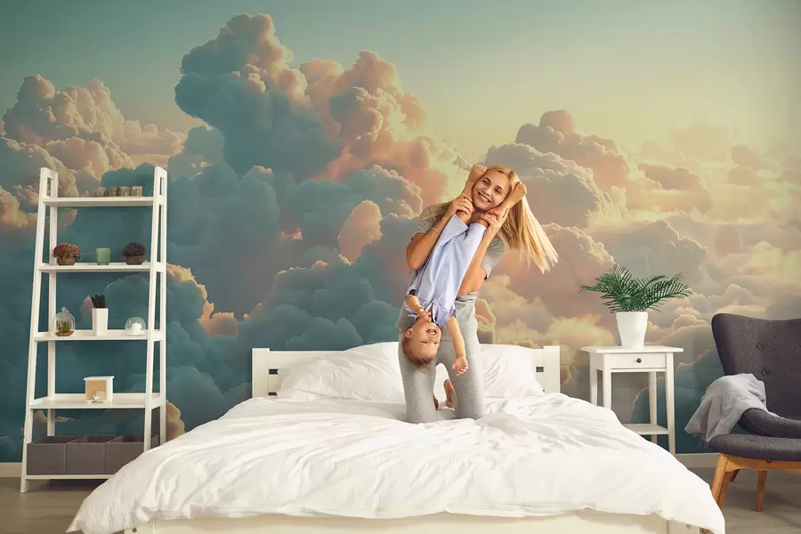 Fotobehang Heldere lucht met veel wolken in lichte kleuren w01543