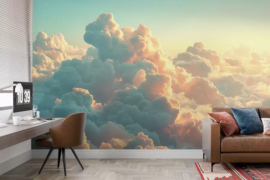 Fotobehang Heldere lucht met veel wolken in lichte kleuren w01543