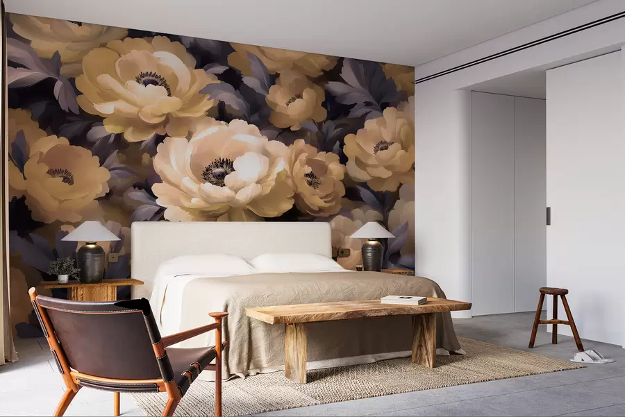 Fotobehang Florale olieverfschilderijstijl gebaseerd op beige en paarse kleuren w01581