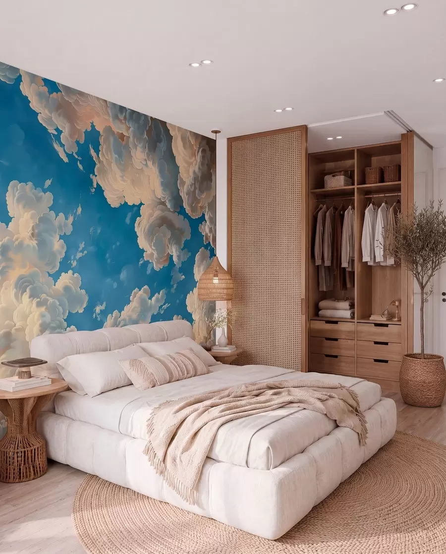 Papier peint photo Nuages dans des tons chauds de crème et de pêche pâle sur un ciel d'un bleu profond et lumineux w01583