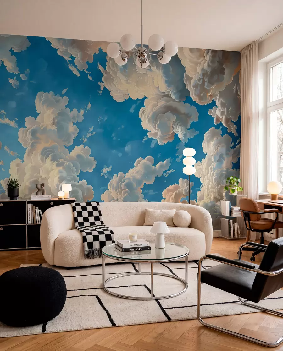 Fotobehang Uitwaaierende wolken in warme tinten van crème, zachte perzik en bleek tegen een diep, levendig blauwe lucht w01583