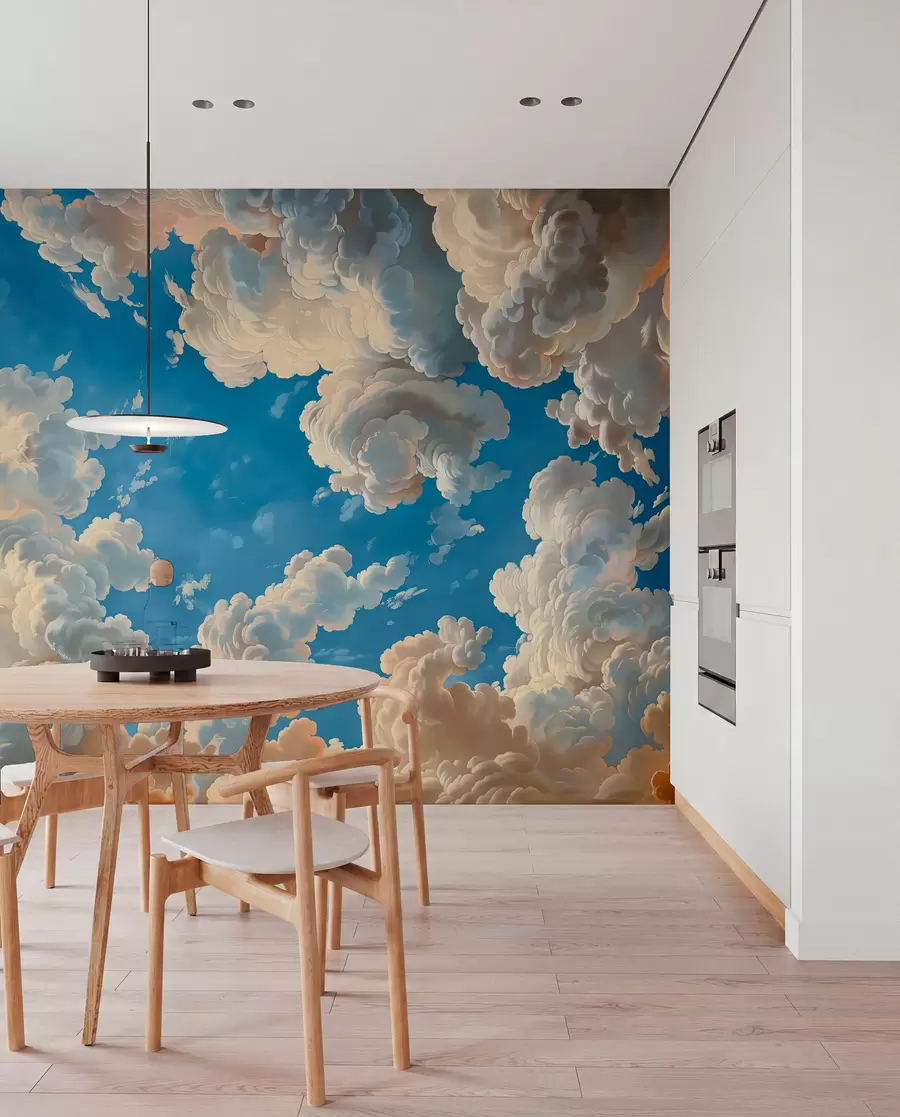 Papier peint photo Nuages dans des tons chauds de crème et de pêche pâle sur un ciel d'un bleu profond et lumineux w01583