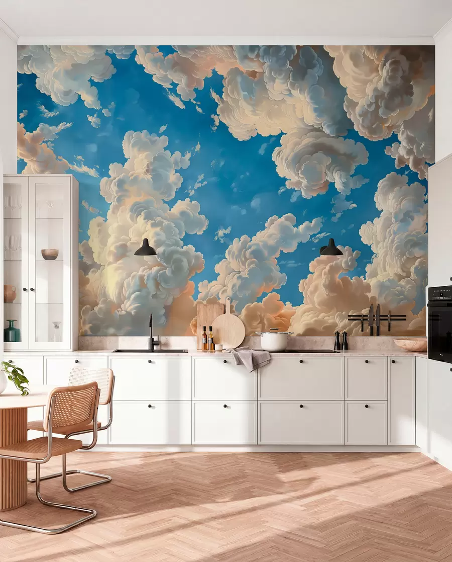 Papier peint photo Nuages dans des tons chauds de crème et de pêche pâle sur un ciel d'un bleu profond et lumineux w01583