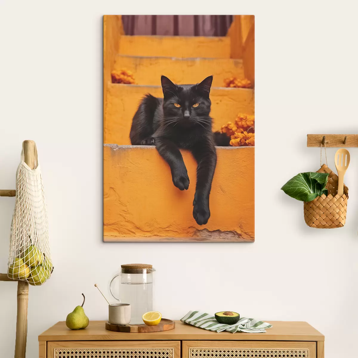  Peintures Un chat noir est couché sur des marches jaunes s40798