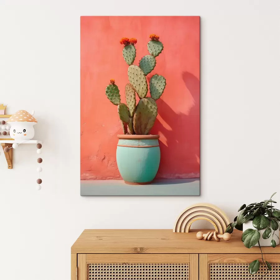  Peintures Cactus dans un pot léger contre un mur rose rouge s40800