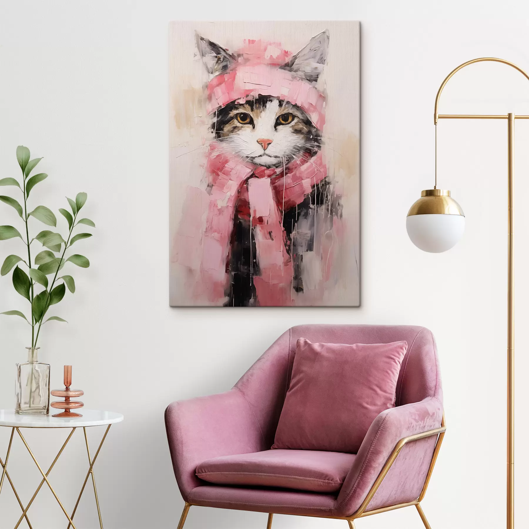 Fotobehang Grijze zwarte kat met roze muts en sjaal s40801