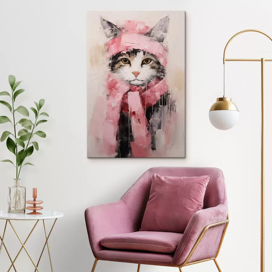  Peintures Chat gris noir avec un chapeau et une écharpe roses s40801