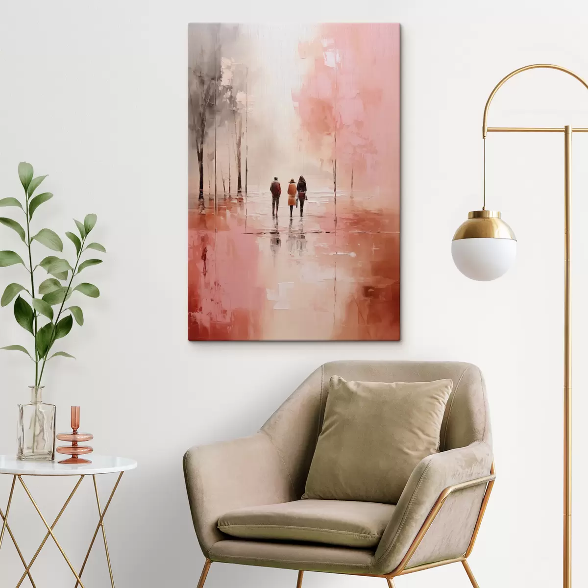  Peintures Personnes se promenant dans le parc abstrait, couleur rose rouge s40802