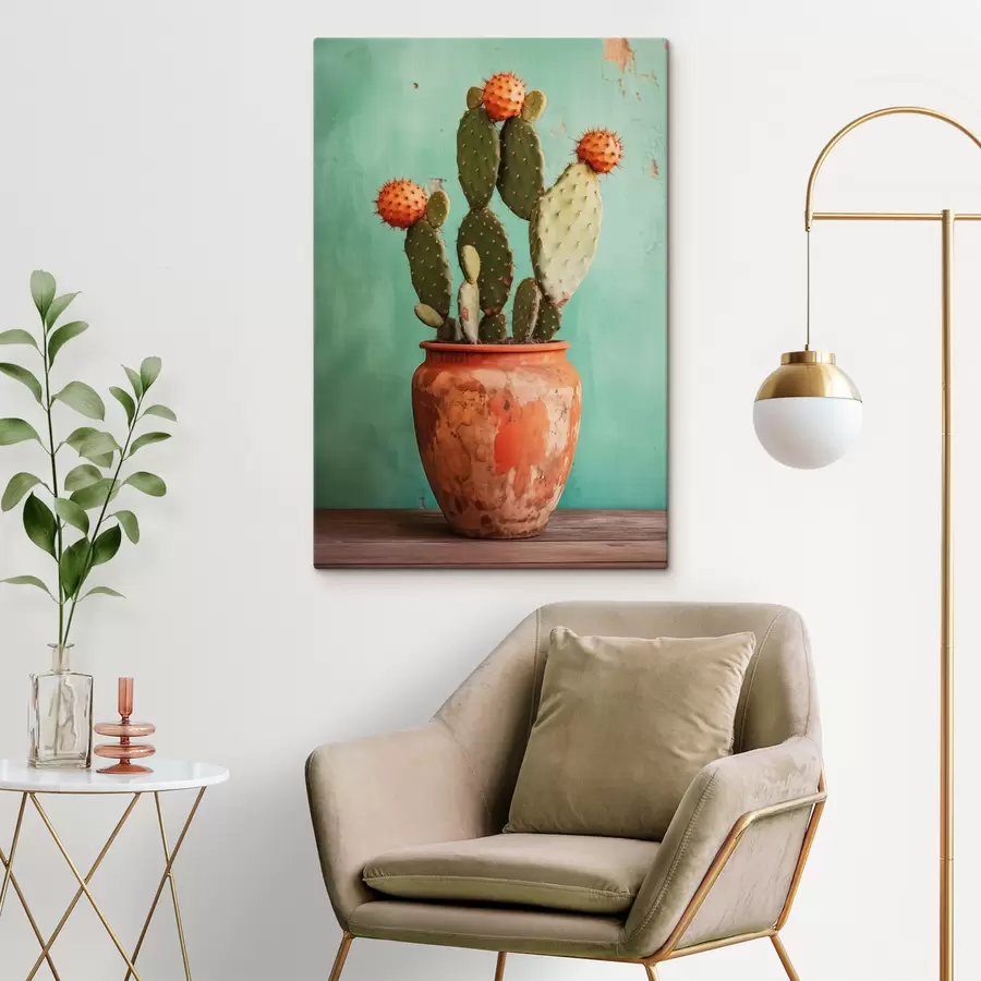 Schilderijen Cactus in een oude kleipot tegen een blauwgroene muur s40807