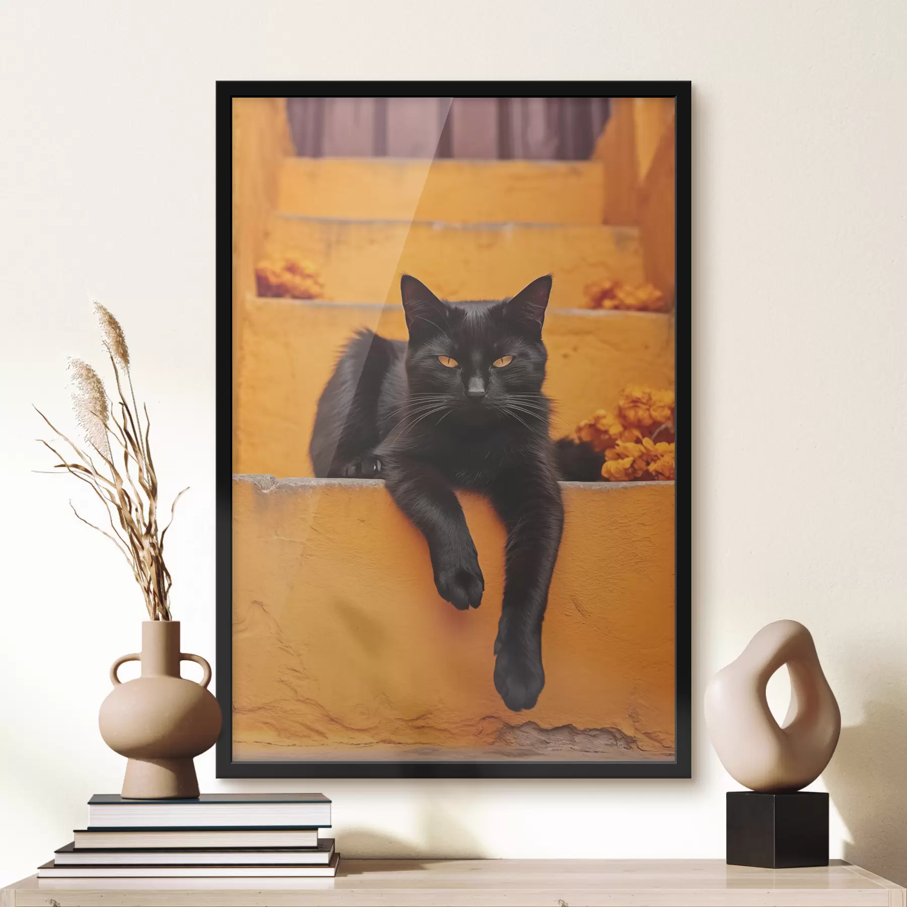  Peintures Un chat noir est couché sur des marches jaunes f40798