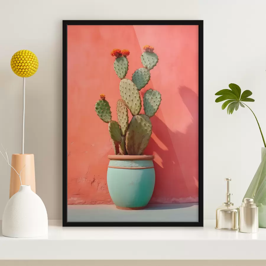 Papier peint photo Cactus dans un pot léger contre un mur rose rouge f40800