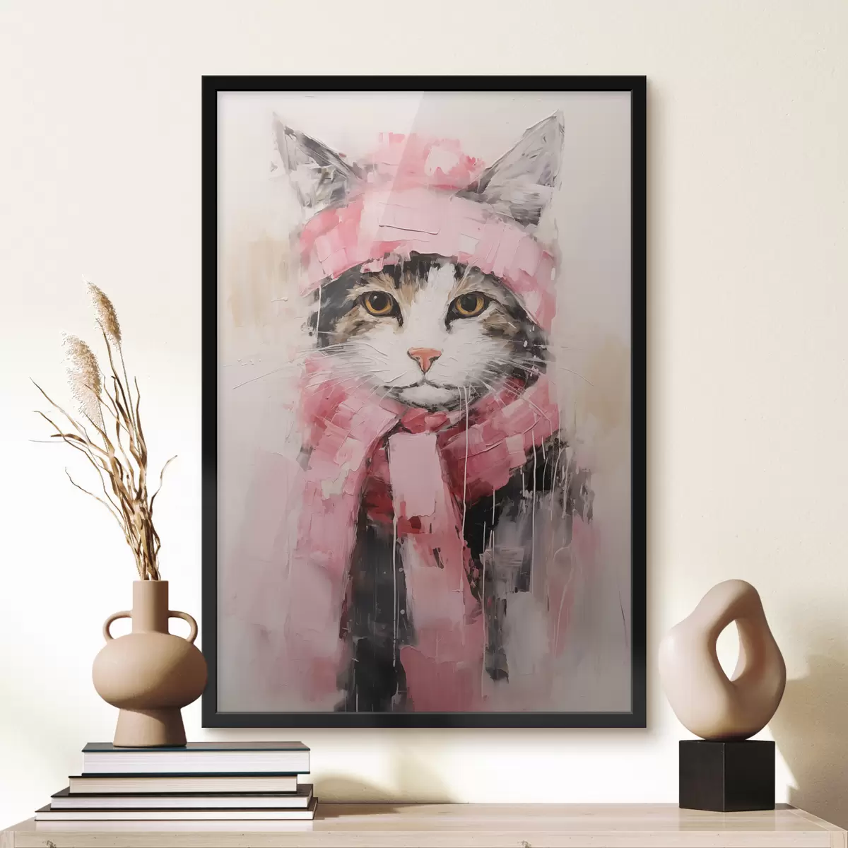 Poster Grijze zwarte kat met roze muts en sjaal f40801