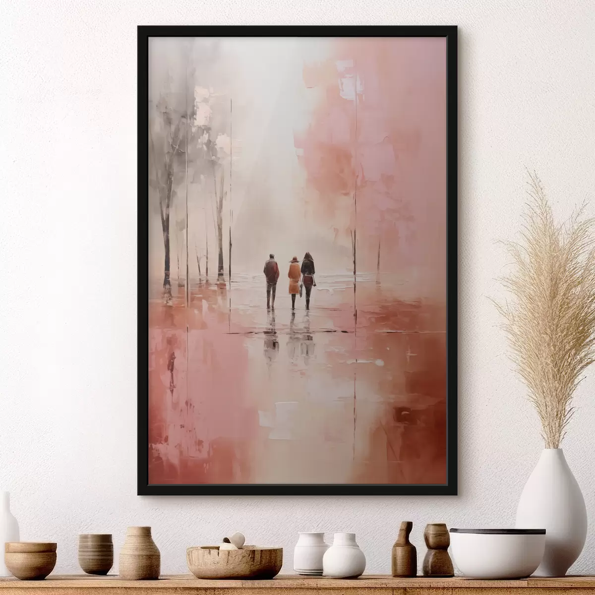Affiche Personnes se promenant dans le parc abstrait, couleur rose rouge f40802