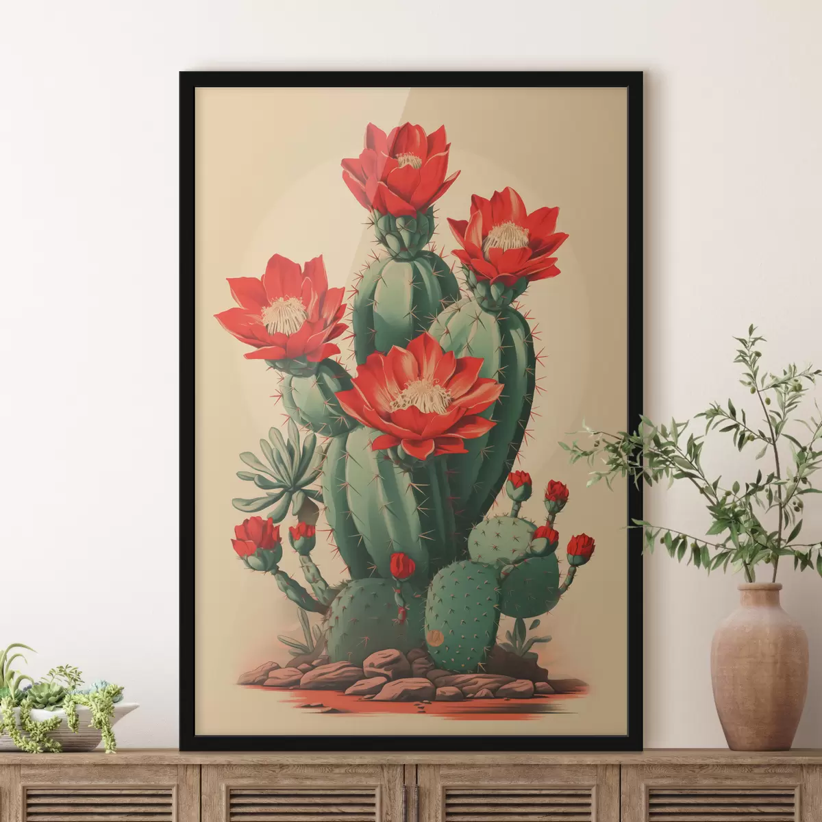 Poster Bloeiende cactus met rode bloemen f40806