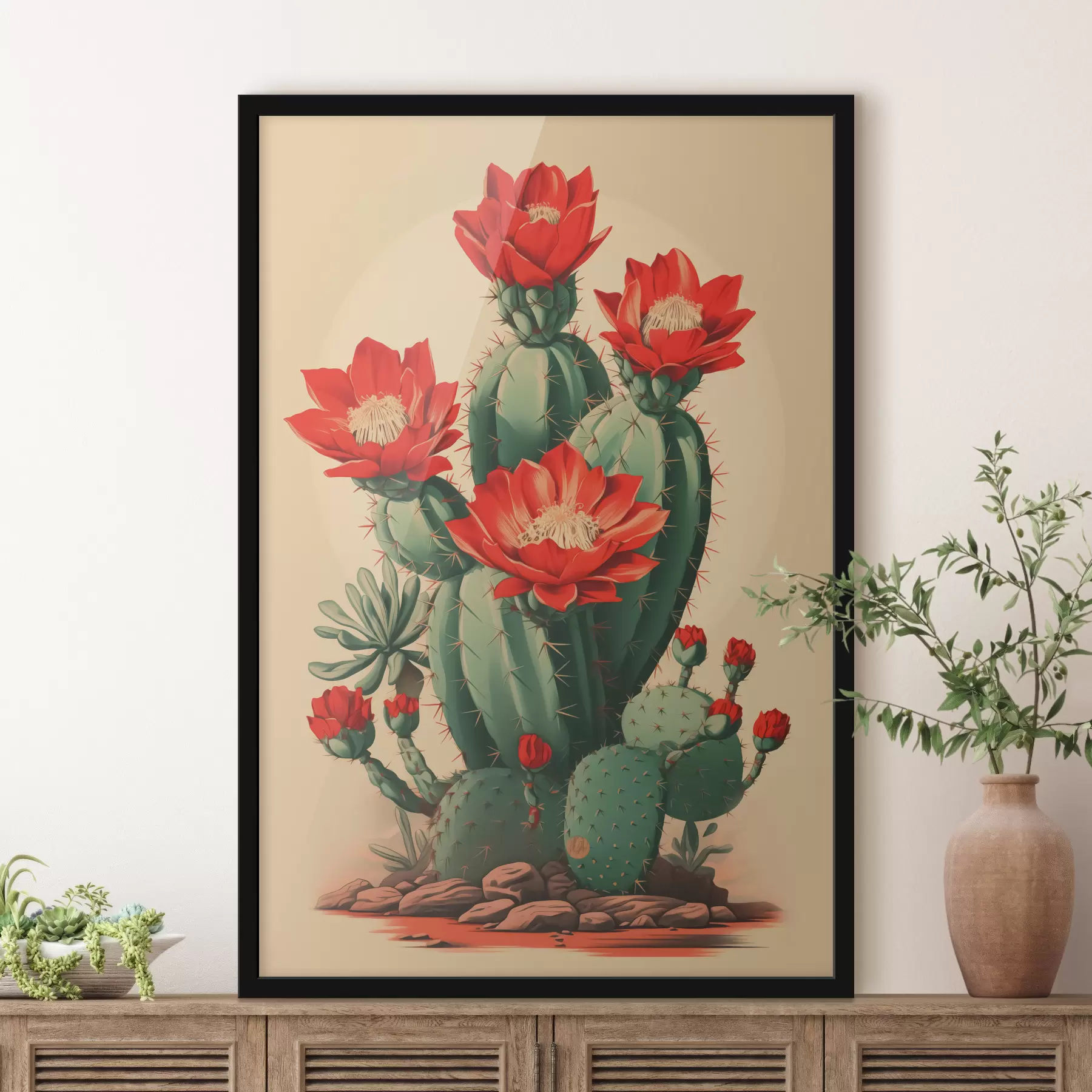 Fotobehang Bloeiende cactus met rode bloemen f40806