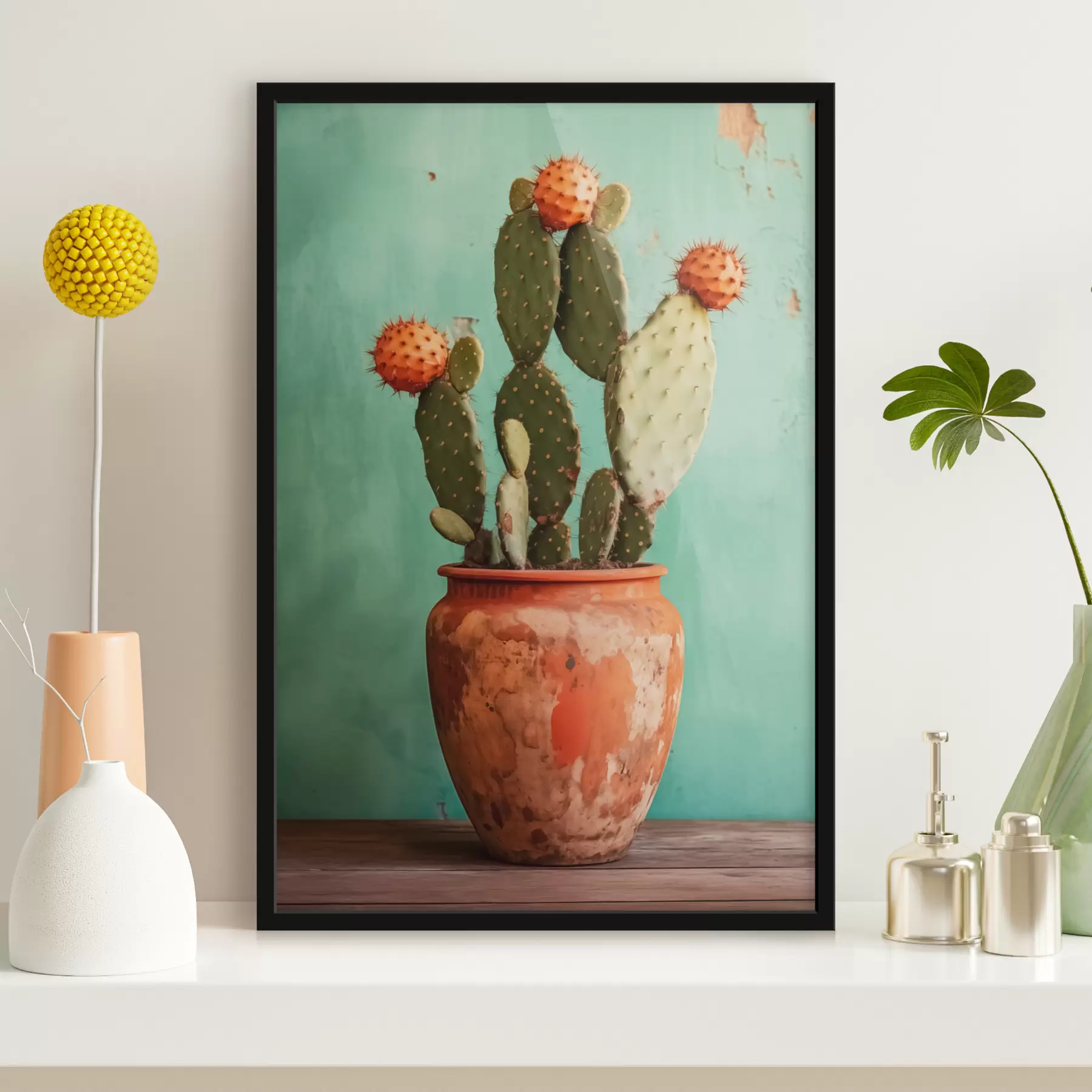  Peintures Cactus dans un vieux pot en terre cuite contre un mur bleu-vert f40807