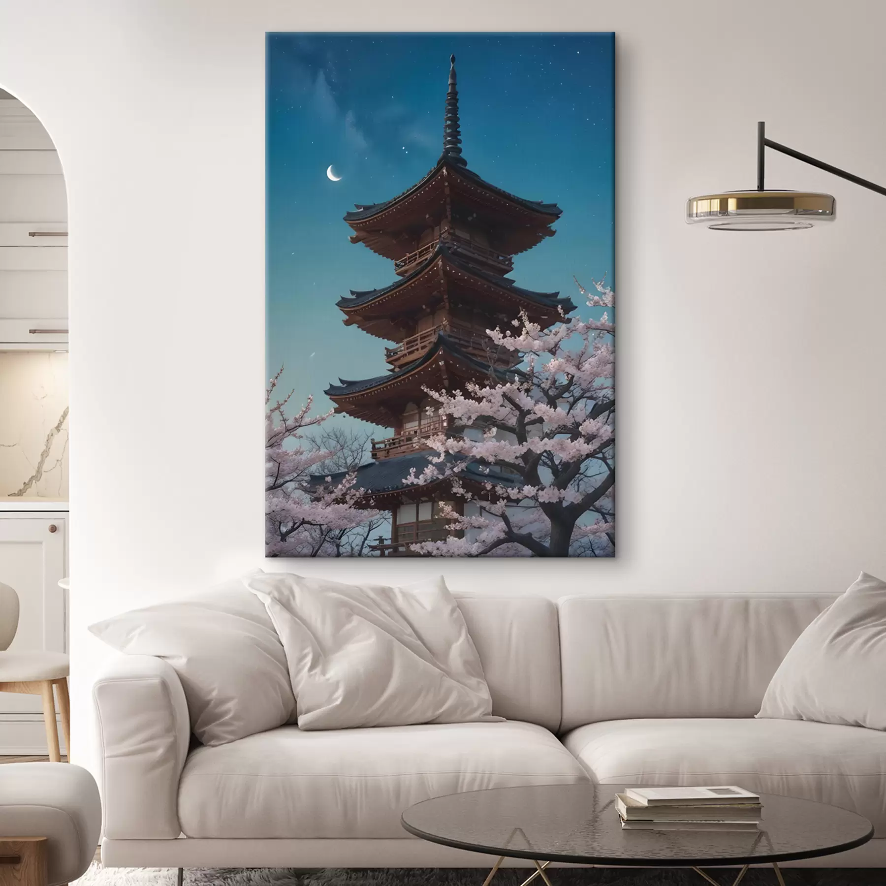 Peintures Pagode japonaise traditionnelle avec un croissant de lune dans le ciel et des cerisiers en fleurs s40586