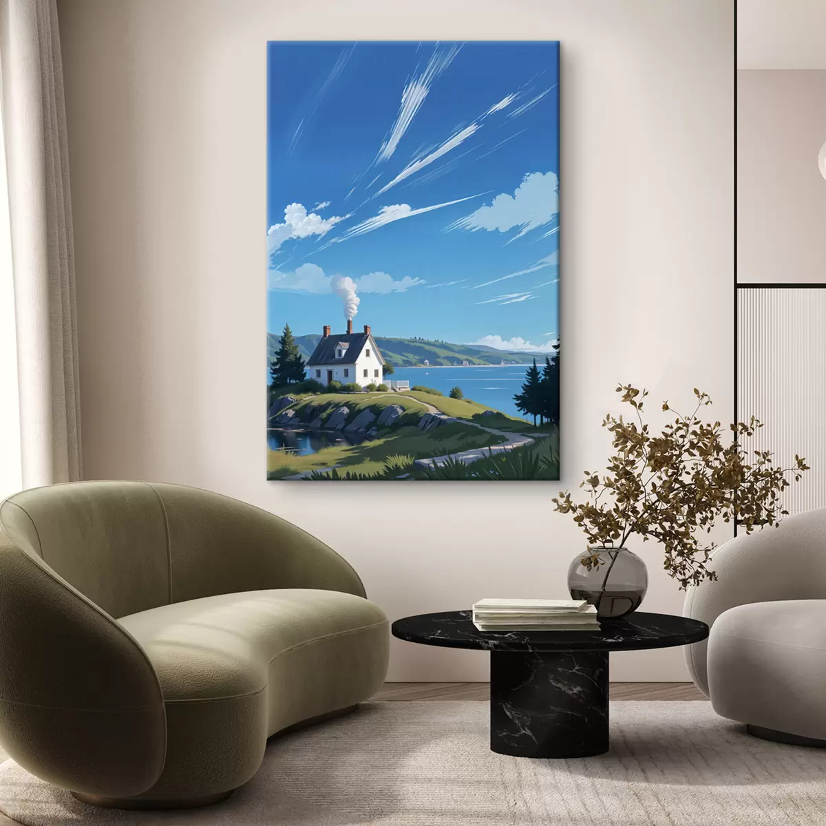  Peintures Une maison blanche sur une colline herbeuse avec des montagnes en arrière-plan et un ciel bleu avec des nuages ondulants s40587