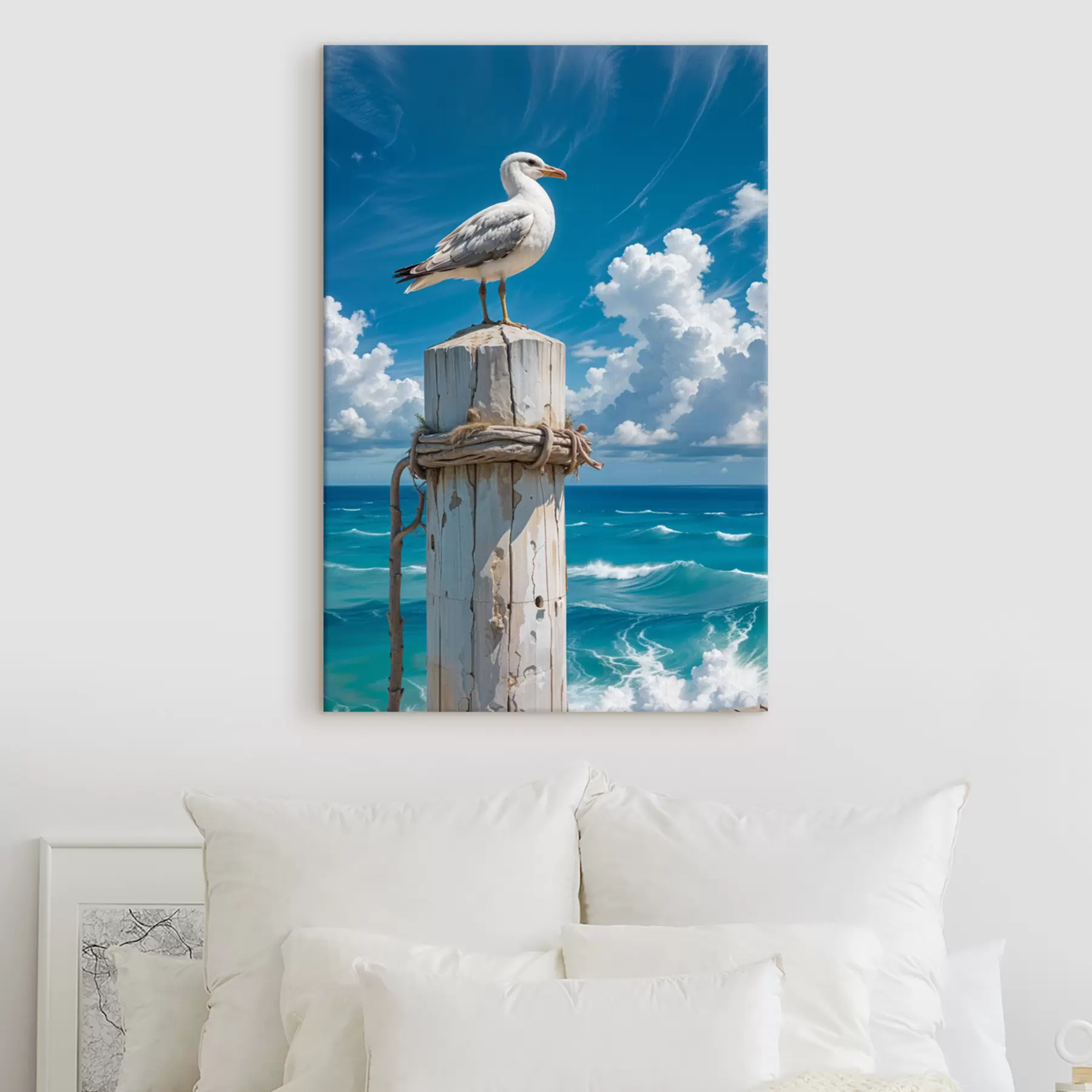 Papier peint photo Une mouette blanche perchée sur un poteau en bois sur fond de ciel bleu vif et d'océan avec des vagues s40590