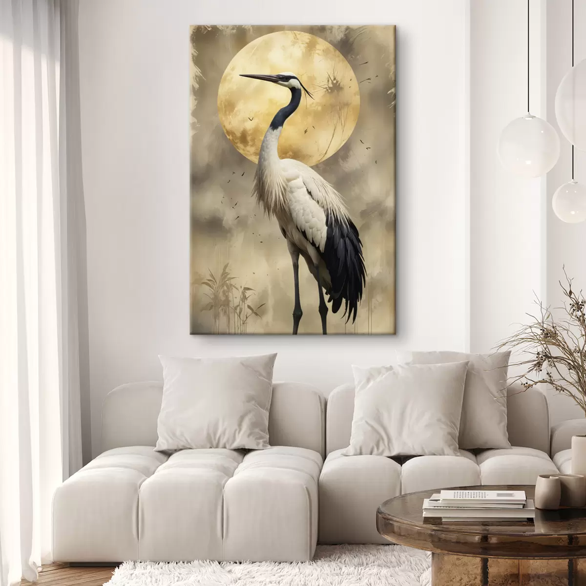  Peintures Une grue grise majestueuse se tenant devant une grande lune pleine, avec un arrière-plan naturel flou s40591