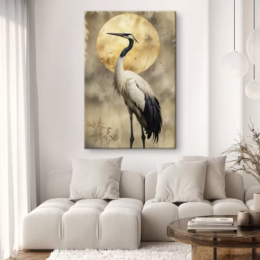  Schilderijen Een majestueuze grijze kraanvogel voor een grote volle maan, met een onscherpe natuurlijke achtergrond s40591