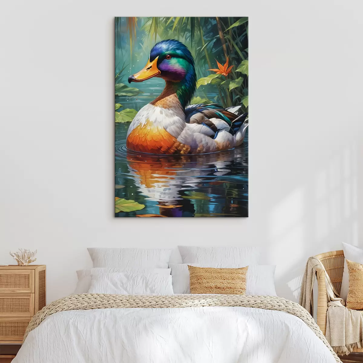  Peintures Un canard mandarin mâle coloré nageant dans un étang au feuillage vert luxuriant et aux feuilles d'automne tombées au sol s40594