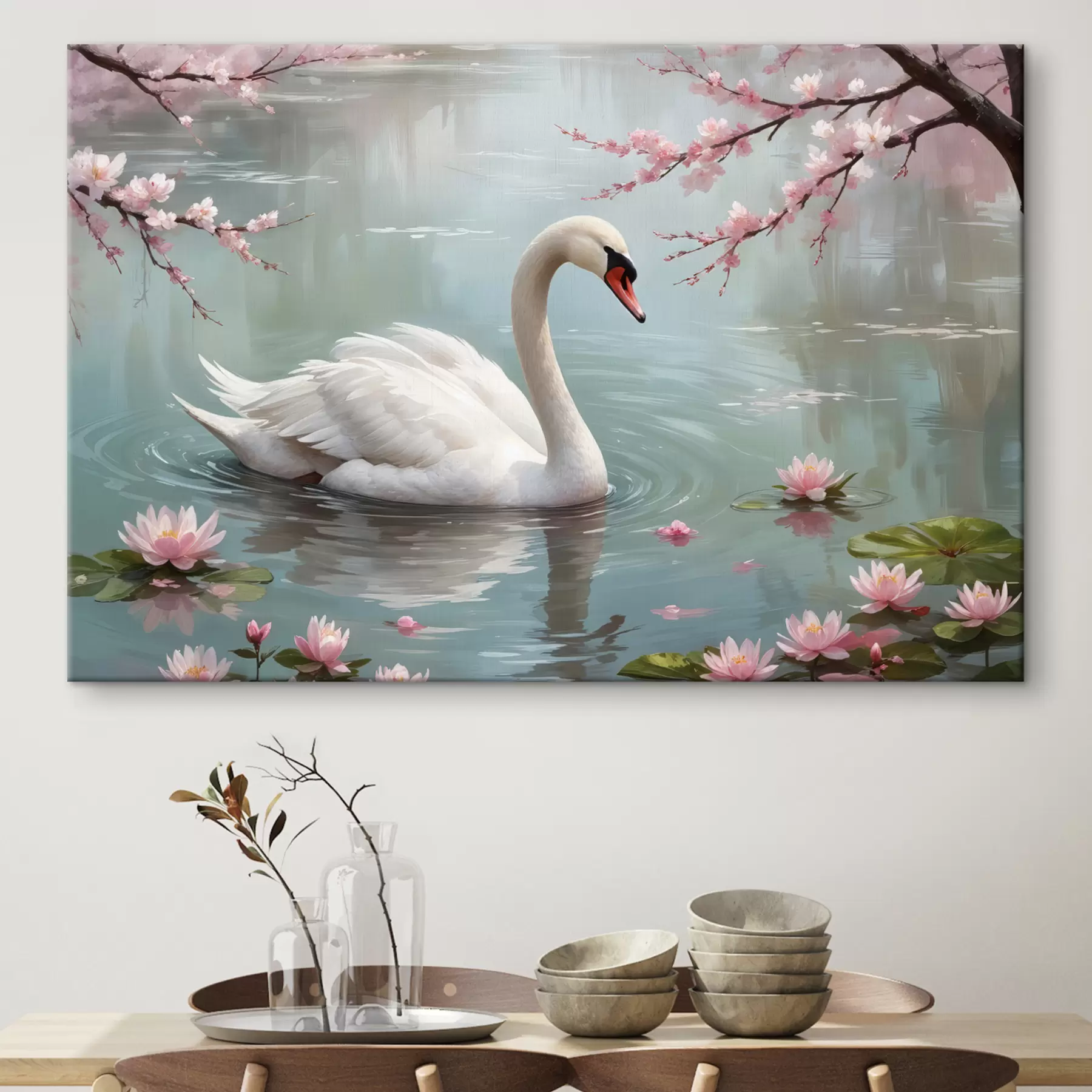 Fotobehang Een sierlijke witte zwaan zwemmend in een serene vijver omringd door bloeiende roze kersenbloesembomen s40597