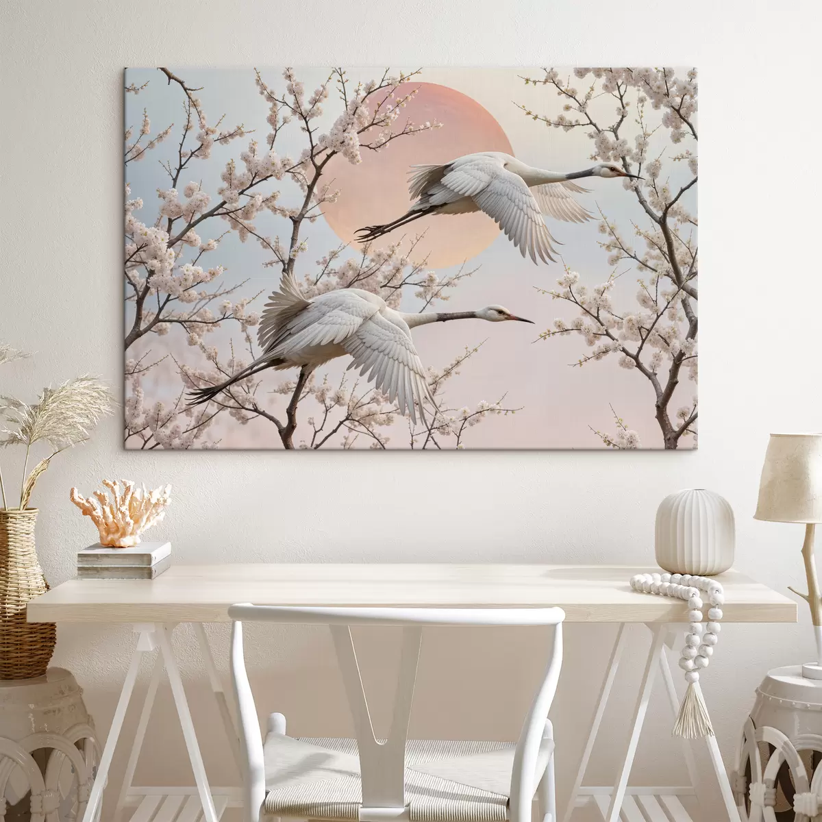  Peintures Deux grues blanches volant parmi les cerisiers en fleurs dans un ciel rose au coucher du soleil s40601