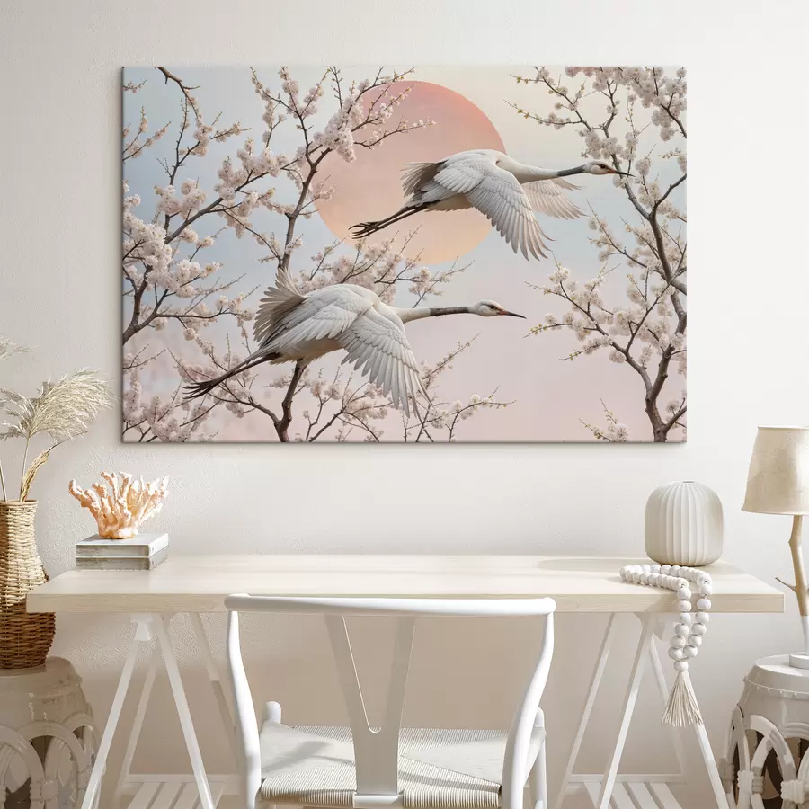 Peintures Deux grues blanches volant parmi les cerisiers en fleurs dans un ciel rose au coucher du soleil s40601