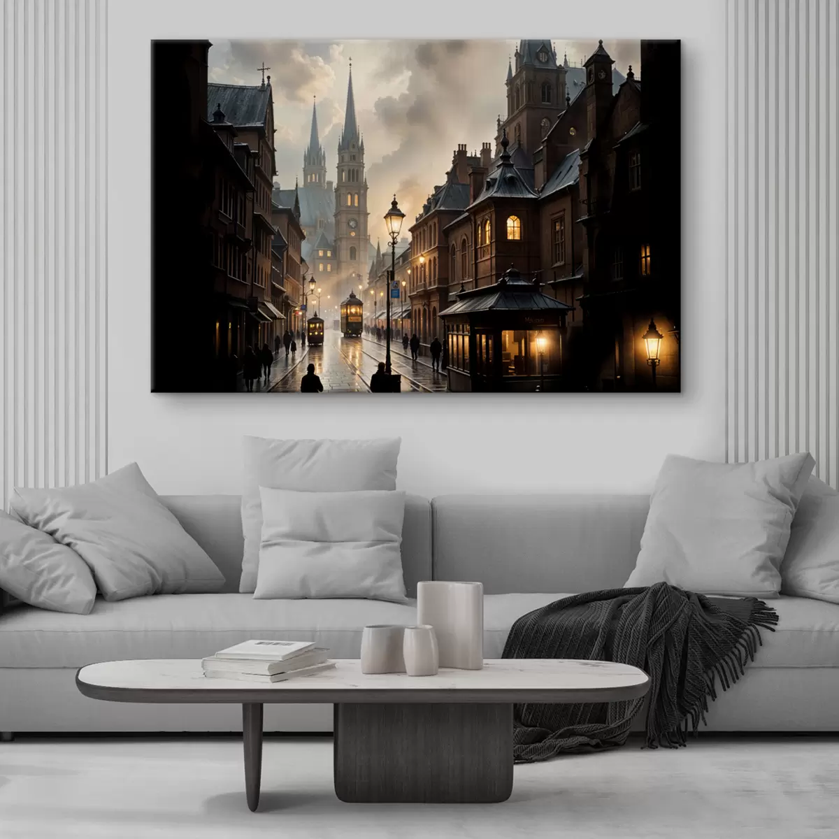  Peintures Une soirée pluvieuse dans une vieille ville européenne, avec des rues pavées, des bâtiments historiques et un tramway qui passe s40604