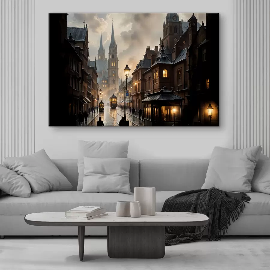  Peintures Une soirée pluvieuse dans une vieille ville européenne, avec des rues pavées, des bâtiments historiques et un tramway qui passe s40604