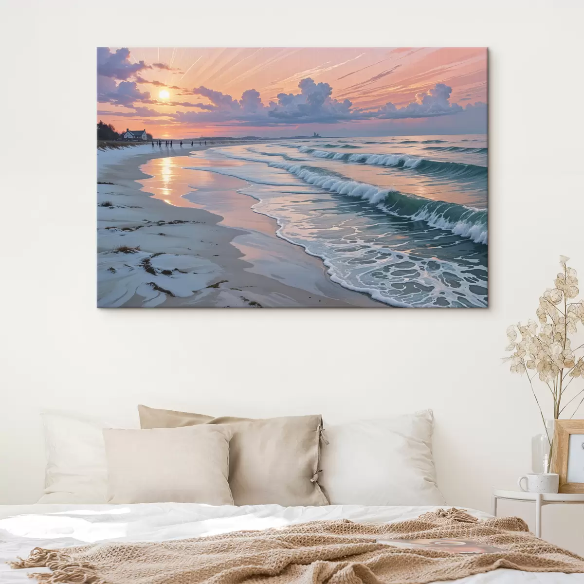  Peintures Une scène de plage sereine au coucher du soleil, avec de douces vagues s'échouant sur le rivage sablonneux s40606