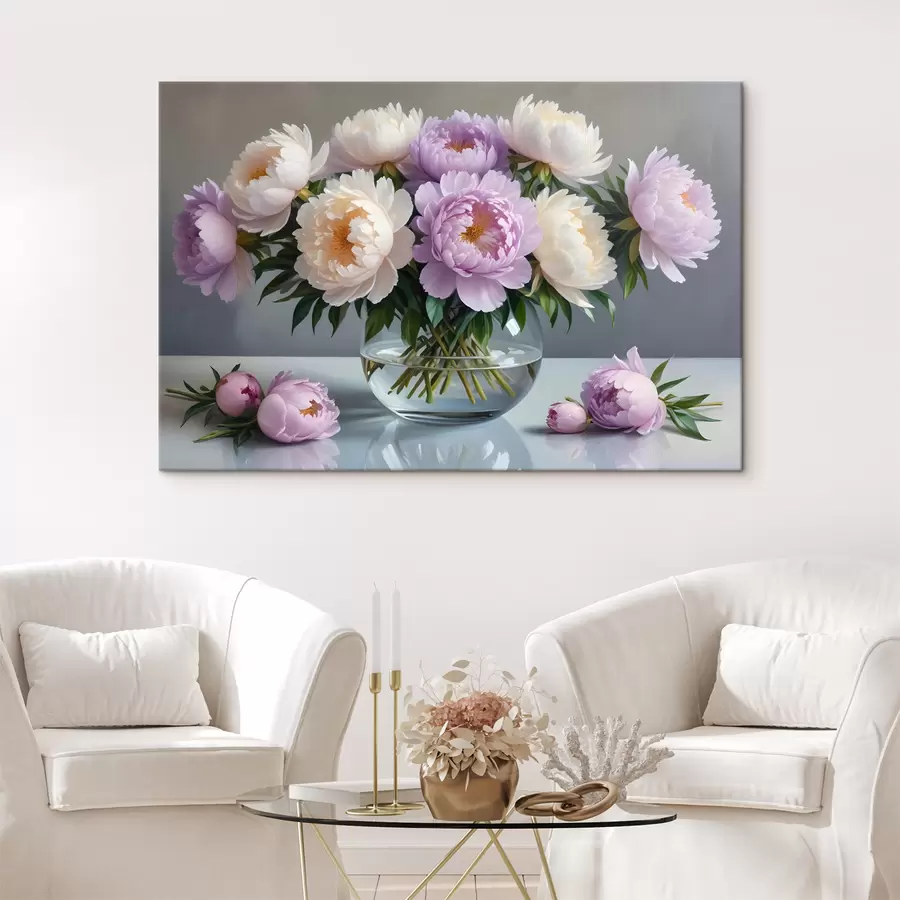  Peintures Un bouquet de grandes fleurs luxuriantes de pivoines blanches et roses dans un vase en verre sur un fond gris s40610