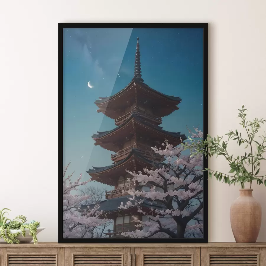Papier peint photo Pagode japonaise traditionnelle avec un croissant de lune dans le ciel et des cerisiers en fleurs f40586
