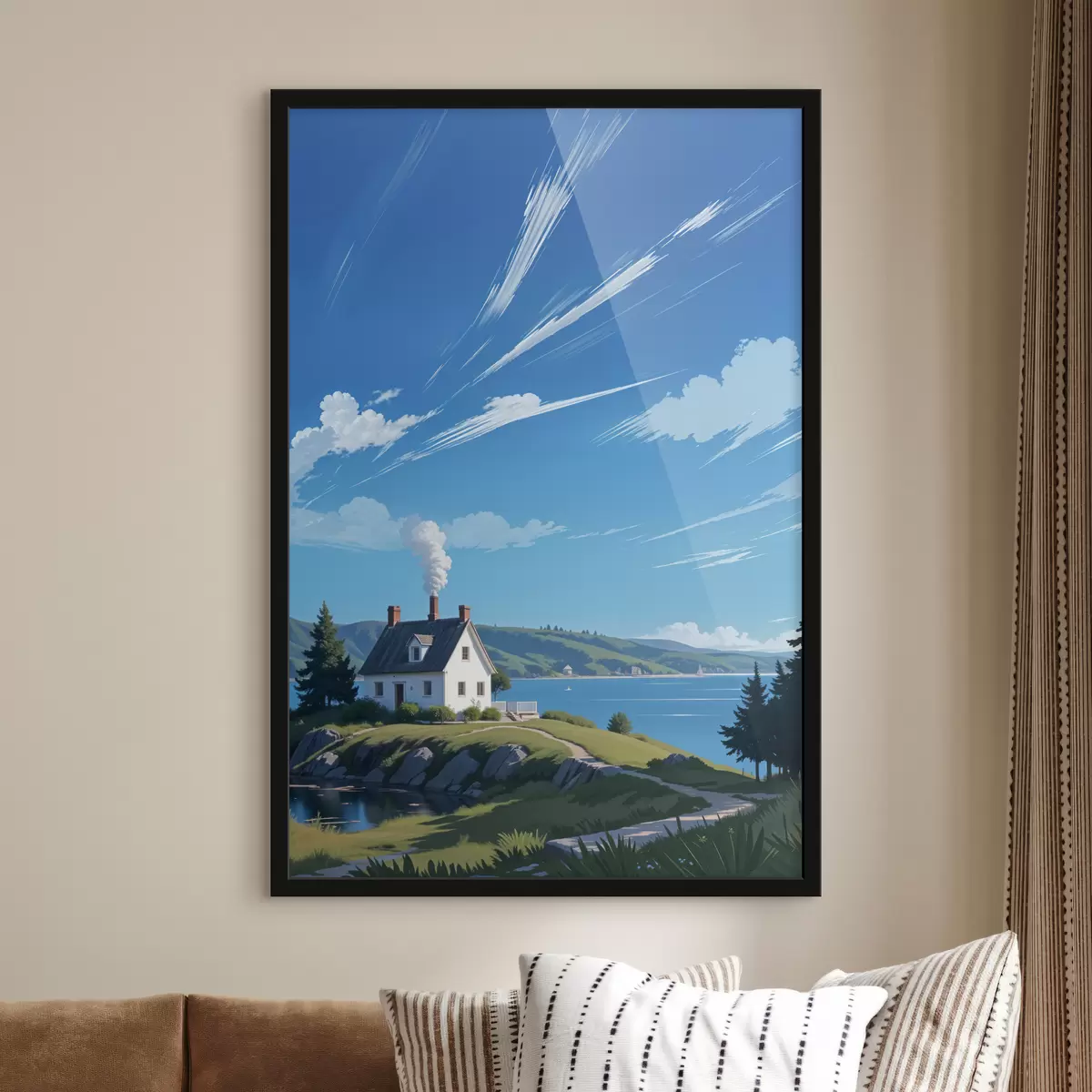 Poster Een wit huis op een met gras begroeide heuvel met bergen op de achtergrond en een blauwe lucht met pluizige wolken f40587