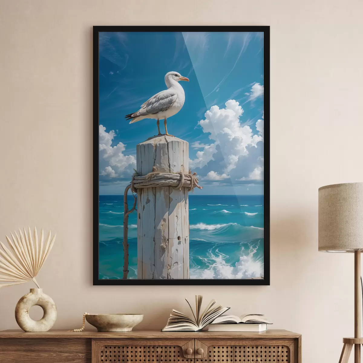 Affiche Une mouette blanche perchée sur un poteau en bois sur fond de ciel bleu vif et d'océan avec des vagues f40590